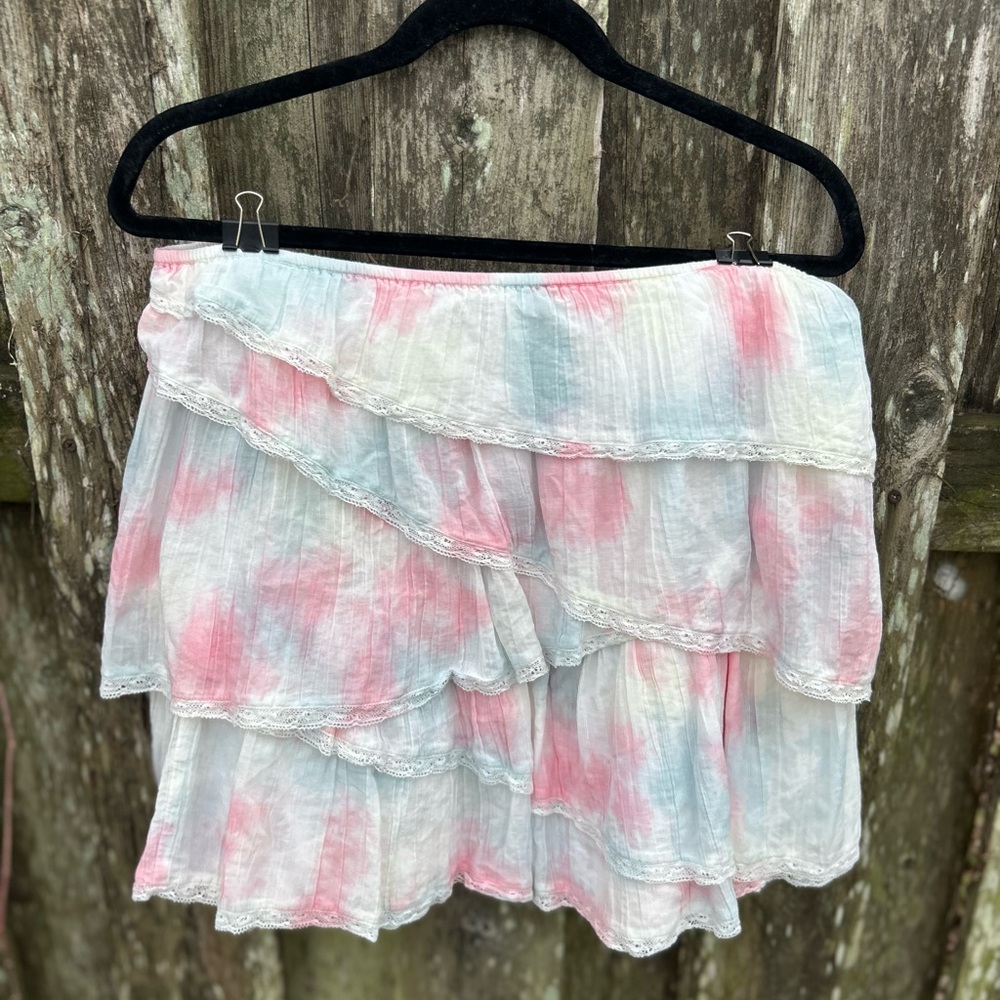 NWOT American Eagle Cotton Blend Tie Dye Ruffle Mini Skirt M Sample Boho Fest